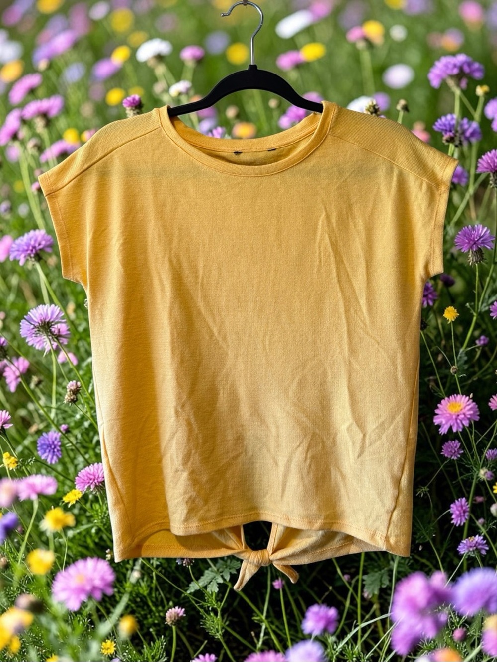 George Yellow Knit Top with Keyhole/Knot at Back Hem
